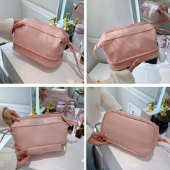 MOMISY Large Capacity Cosmetic Travel Bag, Women's Makeup Travel Bag Portable Leather Cosmetics Bag, Makeup Storage Bags with Handle and Divider, Wide Opening Cosmetic/Makeup Organizer (Pink)