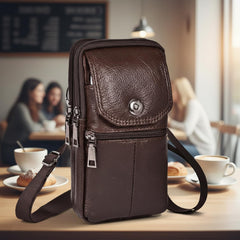 MOMISY Leather Crossbody Sling Bag, Mobile Cell Phone and Passport Holder, Travel Waist Pouch Holster for Men and Women (Dark Brown)