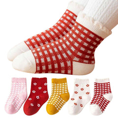 MOMISY 5 Pairs Tube Socks for children Toddlers Infant Baby Girl Boys (Checks Flower, 6 Year to 8 Year)