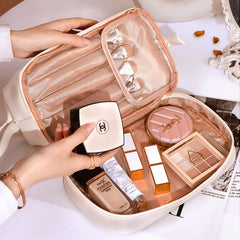 MOMISY Large Capacity Cosmetic Travel Bag, Women's Makeup Travel Bag Portable Leather Cosmetics Bag, Makeup Storage Bags with Handle and Divider, Wide Opening Cosmetic/Makeup Organizer (Cream)