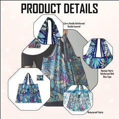 MOMISY Womens Designer Pattern Reusable And Foldable Shopping Bag/Tote Hand Bag/Travel Bag/Grocery Bag | Heavy Duty, Eco Friendly | Compact, Lightweight And Convenient (Leaves Cyan), Leaves Cyan