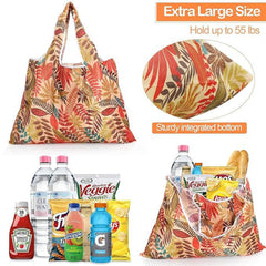 MOMISY Designer Pattern Reusable and Foldable Shopping Bag/Tote Hand bag/Travel Bag/Grocery Bag | Heavy Duty, Eco Friendly | Compact, Lightweight and Convenient (Leaves Beige)