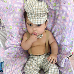 MOMISY Baby Photography Props Set, 4 Pieces, Gentleman Cap with Bow, Pillow and Dungaree (Khaki Grey, 0-3 Months)