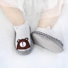 MOMISY Anti-Skid leather soled Shoe Socks for Baby Boys and Baby Girls-12 to 18 months, Medium (Grey Bear, M)