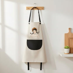 MOMISY Waterproof Kitchen Apron, Cooking Apron with Large Front Pocket, Cute Girl Print Design (OffWhite Black)