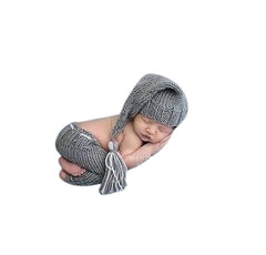 MOMISY Handmade Crochet Baby Photography Props, Pant with Long Tail Cap Costume, Grey