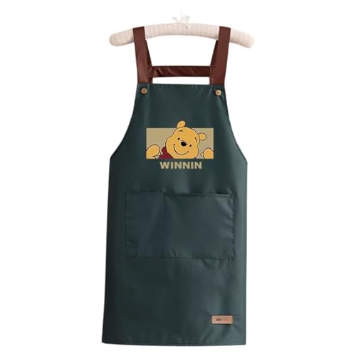 MOMISY Kitchen Apron with Front Pocket – Cute Cartoon Cooking Apron (Dark Green)