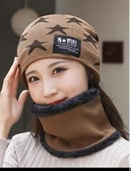 MOMISY Unisex Woolen Beanie with Star Pattern and Fleece Lined Neck Warmer Scarf Set, Brown