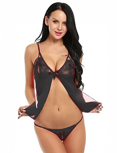 MOMISY Women Slim Fit Lingerie Transparent Set Underwear Lace Cup Teddy Bodysuit Deep Round Neck Spahgetti Back Strap Underwear Babydolls Lingerie Sleepwear-Black