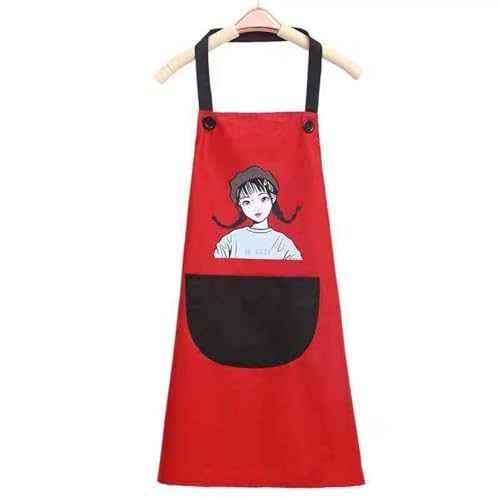 MOMISY Waterproof Kitchen Apron, Cooking Apron with Large Front Pocket, Cute Girl Print Design (Red Black)