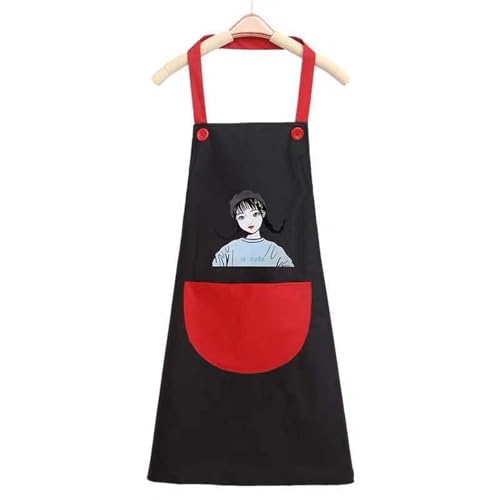MOMISY Waterproof Kitchen Apron, Cooking Apron with Large Front Pocket, Cute Girl Print Design (Black Red)