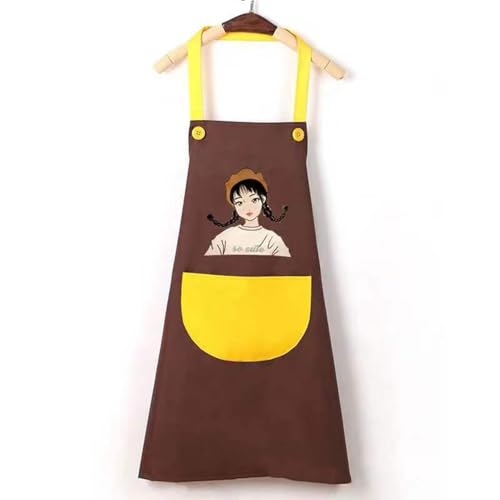 MOMISY Waterproof Kitchen Apron, Cooking Apron with Large Front Pocket, Cute Girl Print Design (Brown Yellow)