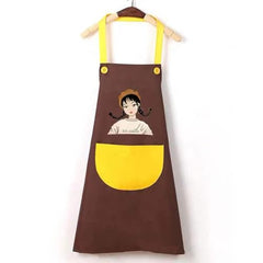 MOMISY Waterproof Kitchen Apron, Cooking Apron with Large Front Pocket, Cute Girl Print Design (Brown Yellow)