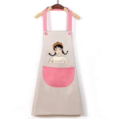 MOMISY Waterproof Kitchen Apron, Cooking Apron with Large Front Pocket, Cute Girl Print Design (OffWhite Pink)
