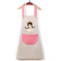 MOMISY Waterproof Kitchen Apron, Cooking Apron with Large Front Pocket, Cute Girl Print Design (OffWhite Pink)