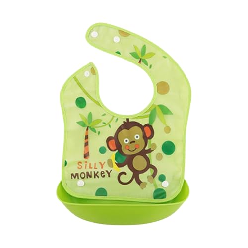 MOMISY Baby Bib For Newborn Waterproof Silicone Apron Wipeable Stain Resistant With pocket For 6 months and up (Green-Monkey)