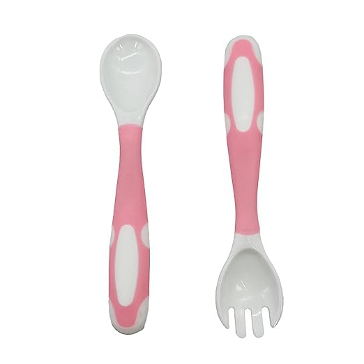 MOMISY Baby l Infant Bendable Fork and Spoon Set | Newborn Toddler Self Feeding Utensils Cutlery Set Perfect Training Eating Tools for Kids - (Set of 2, 1 Fork, 1 Spoon) (Pink)