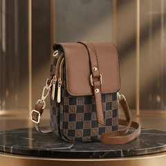 MOMISY Women PVC Crossbody Sling Bag | Checkered Pattern Mini Shoulder Purse with Adjustable Strap (Coffee)