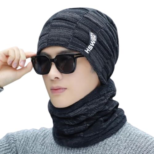 MOMISY Unisex Woolen Beanie and Fleece Lined Neck Warmer Scarf Set (Black)