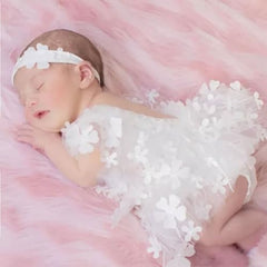 MOMISY Baby Girl Crochet Romper with Lace and Headband, Photography Photoshoot Costume (White, 0-3 Months)