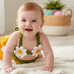 MOMISY Newborn Baby Girl Photography Prop Set, Crochet Bra and Pants, Handmade Costume-Yellow Daisy Flower Design