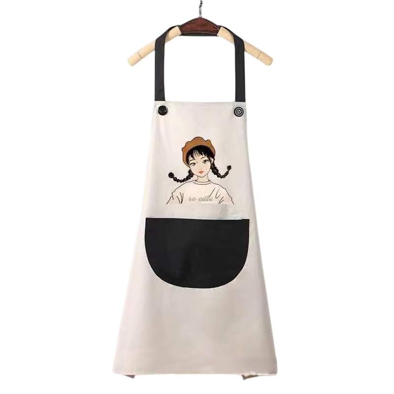 MOMISY Waterproof Kitchen Apron, Cooking Apron with Large Front Pocket, Cute Girl Print Design (OffWhite Black)