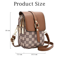 MOMISY Women PVC Crossbody Sling Bag | Checkered Pattern Mini Shoulder Purse with Adjustable Strap (Brown)