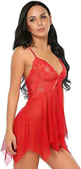 MOMISY Women Slim Fit Lingerie Transparent Set Underwear Bodysuit Deep Round Neck Spahgetti Back Strap Underwear Babydolls Lingerie Sleepwear-Red, Ruffle
