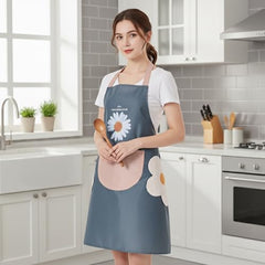 MOMISY Waterproof Kitchen Apron, Cooking Apron with Large Front Pocket, Daisy Print Design (Blue)