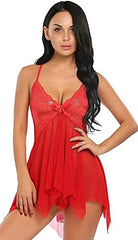 MOMISY Women Slim Fit Lingerie Transparent Set Underwear Bodysuit Deep Round Neck Spahgetti Back Strap Underwear Babydolls Lingerie Sleepwear-Red, Ruffle