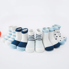 MOMISY 5 Pairs Girl Boys Tube Socks Toddlers Infant Solid Color Boat Spring and Autumn Socks Stretch Baby kids Sock (Blue Stripe Polka, 0 Year to 1 Year)
