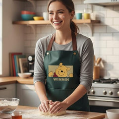 MOMISY Kitchen Apron with Front Pocket – Cute Cartoon Cooking Apron (Dark Green)