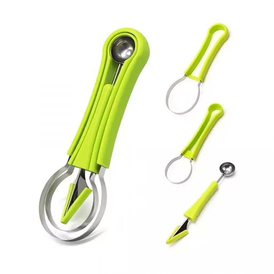 MOMISY Melon Baller Scoop Set, Professional 4 in 1 Stainless Steel Fruit Carving Tools Set,Fruit Scooper Seed Remover Watermelon Knife for Dig Pulp Separator (4 in 1 Scoop) (Green)