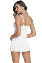 MOMISY Women Lace Two-Piece Lingerie Transparent Set Underwear Lace Cup Teddy Bodysuit Deep V Neck Crisscross Back Strap Underwear Babydolls Lingerie Sleepwear-White