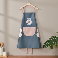 MOMISY Waterproof Kitchen Apron, Cooking Apron with Large Front Pocket, Daisy Print Design (Blue)