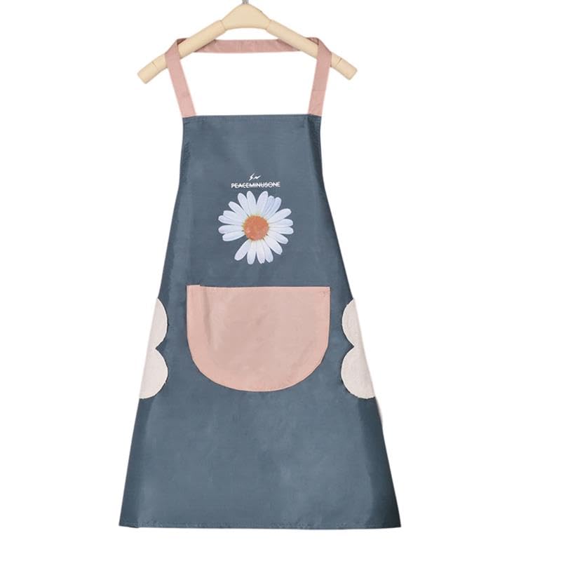 MOMISY Waterproof Kitchen Apron, Cooking Apron with Large Front Pocket, Daisy Print Design (Blue)