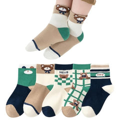 MOMISY 5 Pairs Baby kids Girl Boys Toddlers Infant Children Cotton Stretch Ankle Socks (IN, Age, 3 Year, 5 Years, Navy Green Bear)