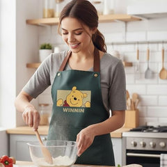 MOMISY Kitchen Apron with Front Pocket – Cute Cartoon Cooking Apron (Dark Green)