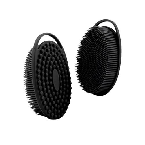 MOMISY 2-in-1 Silicone Body and Shampoo Brush, Exfoliating Bath Scrubber, Scalp Massager with Flat Head (Black)