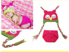 MOMISY Newborn Photography Prop Crochet Owl Costume 2Pcs Handmade Knitted Hat Diaper Photoshoot Outfit for Baby, Bird (0-8 Months, Pink Green- Bird)