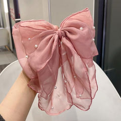 MOMISY Elegant Chiffon Bow Hairpin for Women | Pearl Decor Fluffy Back Head Clip | Korean Style Large Hair Accessory (Pink)