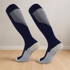 MOMISY Soccer Football Athletic Sports knee High Cotton Blend Socks for Men & Women | Odour Free, Superior Grip-Pack of 1 (Navy White)