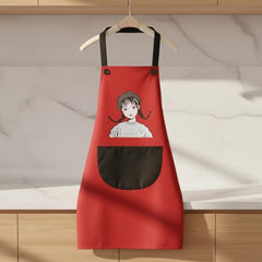MOMISY Waterproof Kitchen Apron, Cooking Apron with Large Front Pocket, Cute Girl Print Design (Red Black)