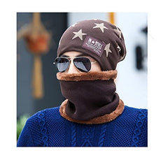 MOMISY Unisex Woolen Beanie Cap Plus Muffler Scarf Set for Men Women (Brown)