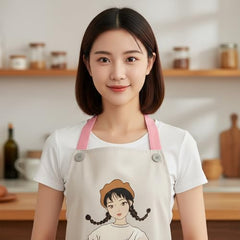 MOMISY Waterproof Kitchen Apron, Cooking Apron with Large Front Pocket, Cute Girl Print Design (OffWhite Pink)