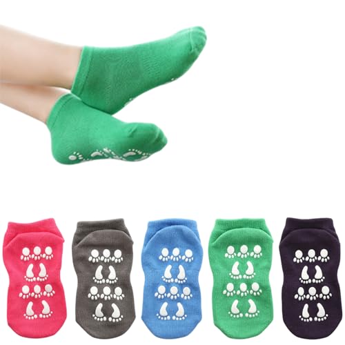 MOMISY Non-Slip Cotton Ankle Socks, 5 Pairs, Anti-Skid Paw Print Design, Multiple Colors, Warm Infant Toddler Socks-3 to 5 Years
