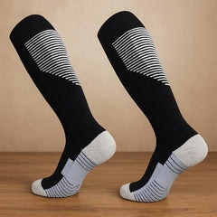 MOMISY Soccer Football Athletic Sports knee High Cotton Blend Socks for Men & Women | Odour Free, Superior Grip-Pack of 1 (Black White)