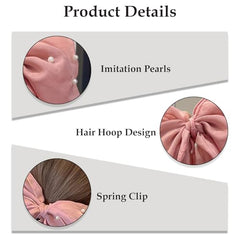 MOMISY Elegant Chiffon Bow Hairpin for Women | Pearl Decor Fluffy Back Head Clip | Korean Style Large Hair Accessory (Pink)