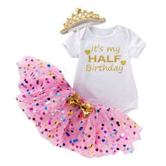 MOMISY Baby Girl Top and Bowknot Pink Polka Dot Skirt Romper with Crown Headband/Half Birthday Pack of 1/for 6 to 12 Months