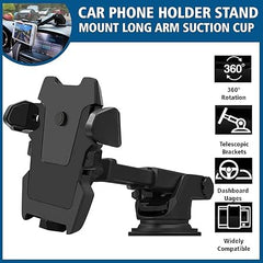 MOMISY Car Mount Adjustable Car Mobile Phone Holder Stand Universal Long Arm, for Dashboard & Windshield, 360° Rotational, Strong Suction Cup for Smartphones (Black)